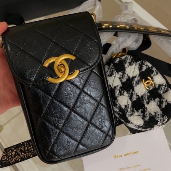 CHANEL CC Black purse Bag Set logo gold tweed chain crossbody phone wallet - Picture 4 of 9
